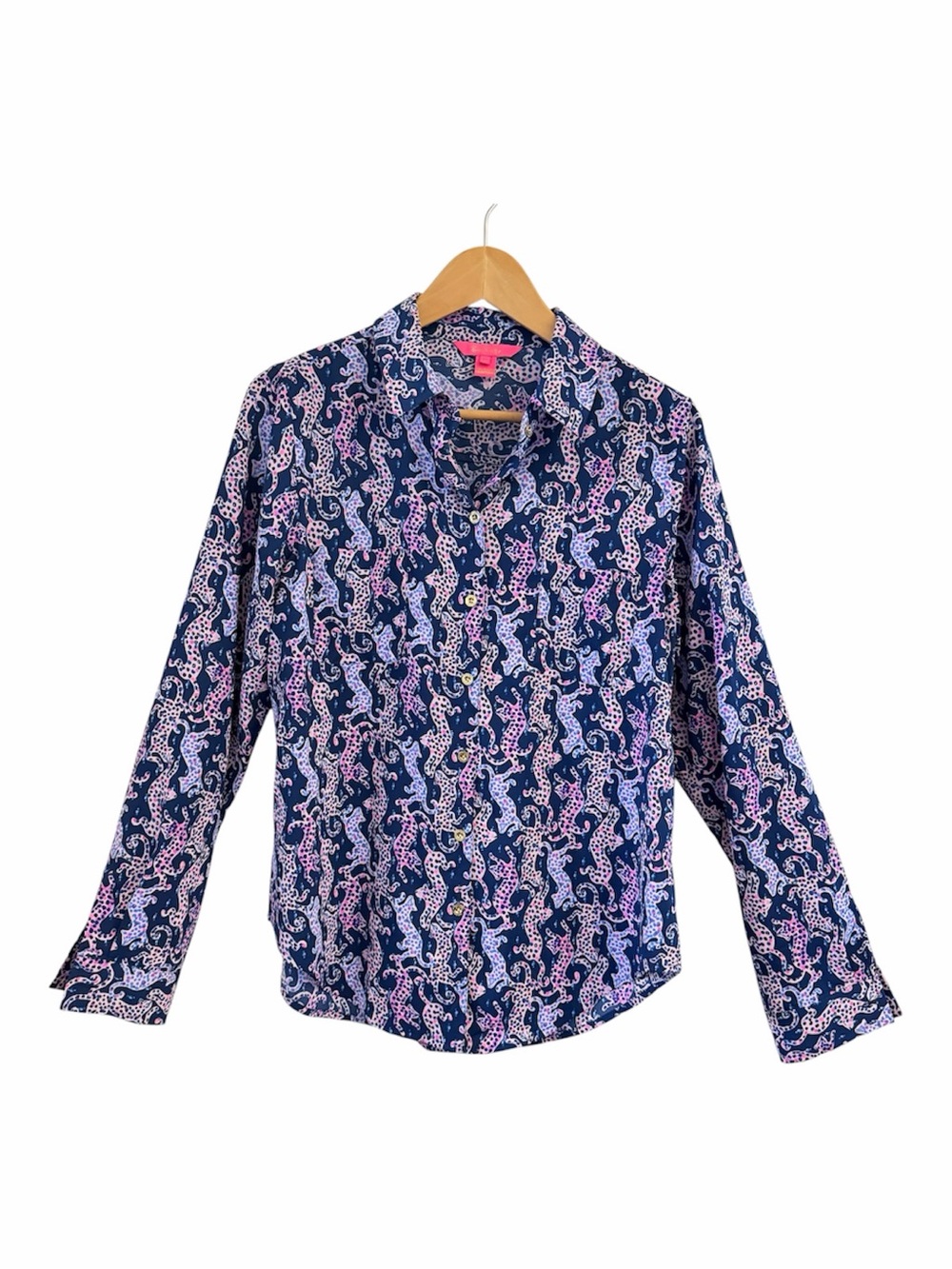 Lilly Pulitzer Leopard Print Collared Button Up Blouse Blue Pink Preppy Resort